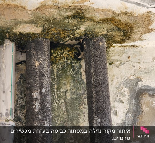צינורות עם סימני רטיבות ועובש על הקיר